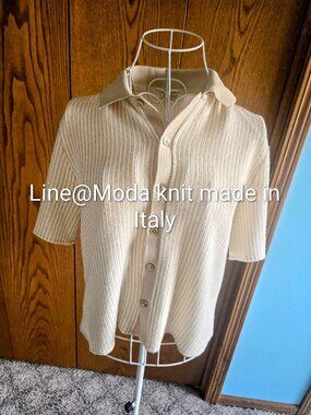Line@Moda Italy Knit Short Sleeve Button Down Blouse Cream Metallic S EUC